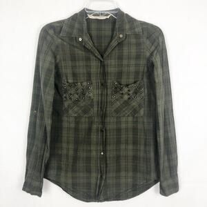 ZARA Long Sleeve Studded Plaid Green Shirt XS